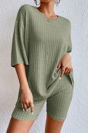 Round Neck Ribbed Top and Shorts Lounge Set Sage - Fashorio