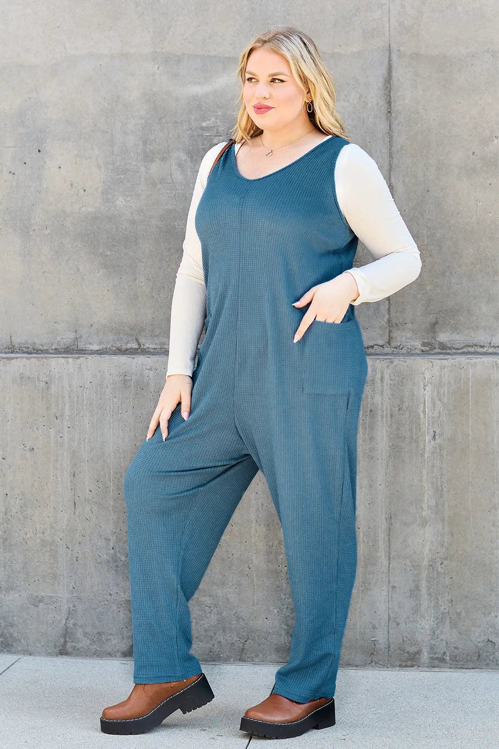Straight leg jumpsuit hem detail