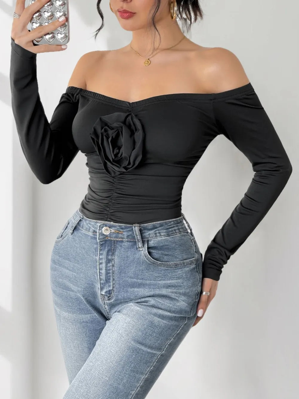 Perfee Ruched Flower Off-Shoulder Long Sleeve Bodysuit - Fashorio