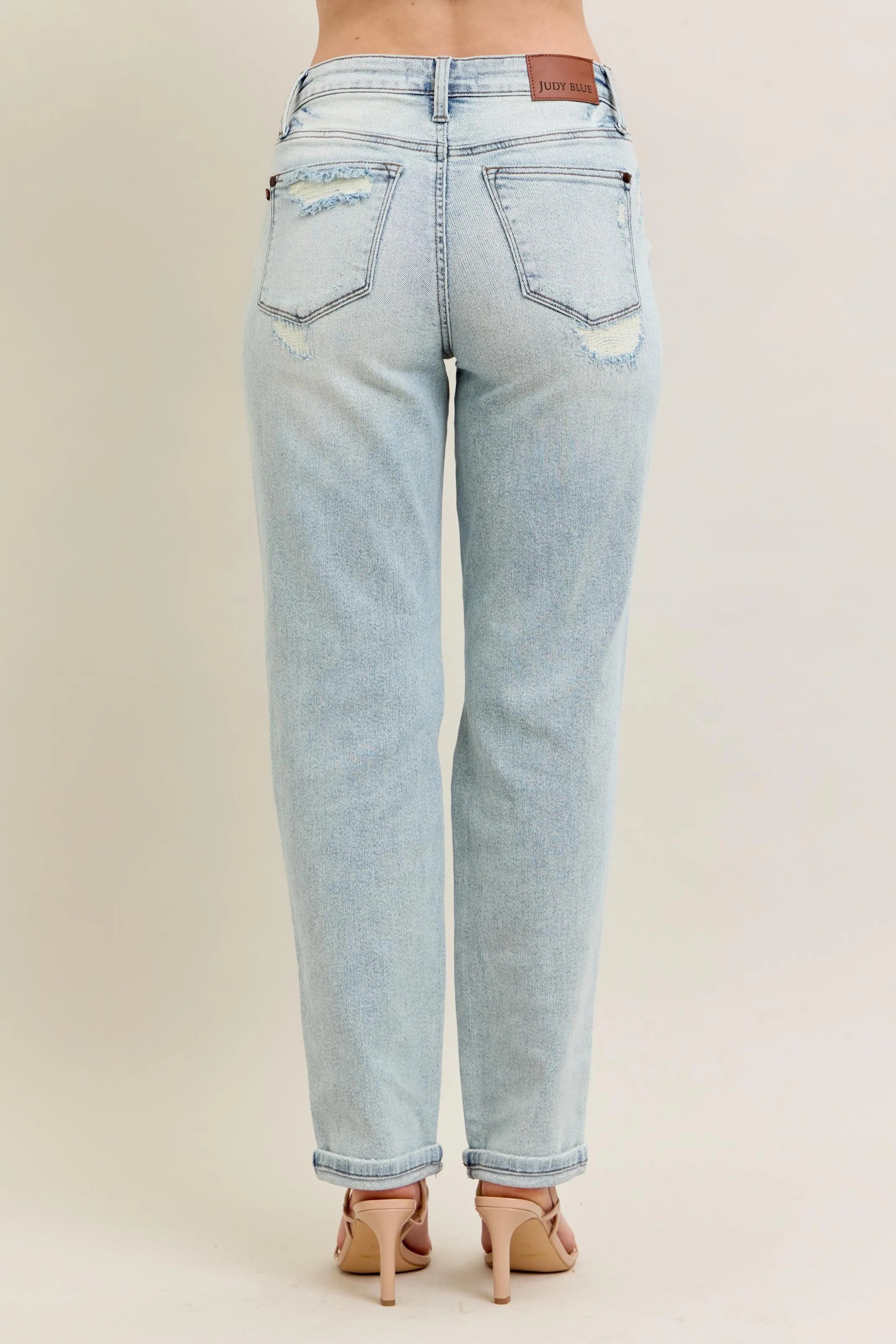 Judy Blue Full Size Mr Repair Stitch Detail Destroy Single Cuff Bf Jeans Plus Size - Fashorio