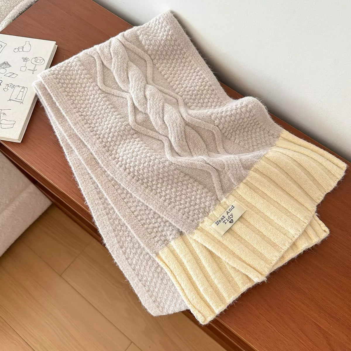 Two tone cable knitted scarf styled look