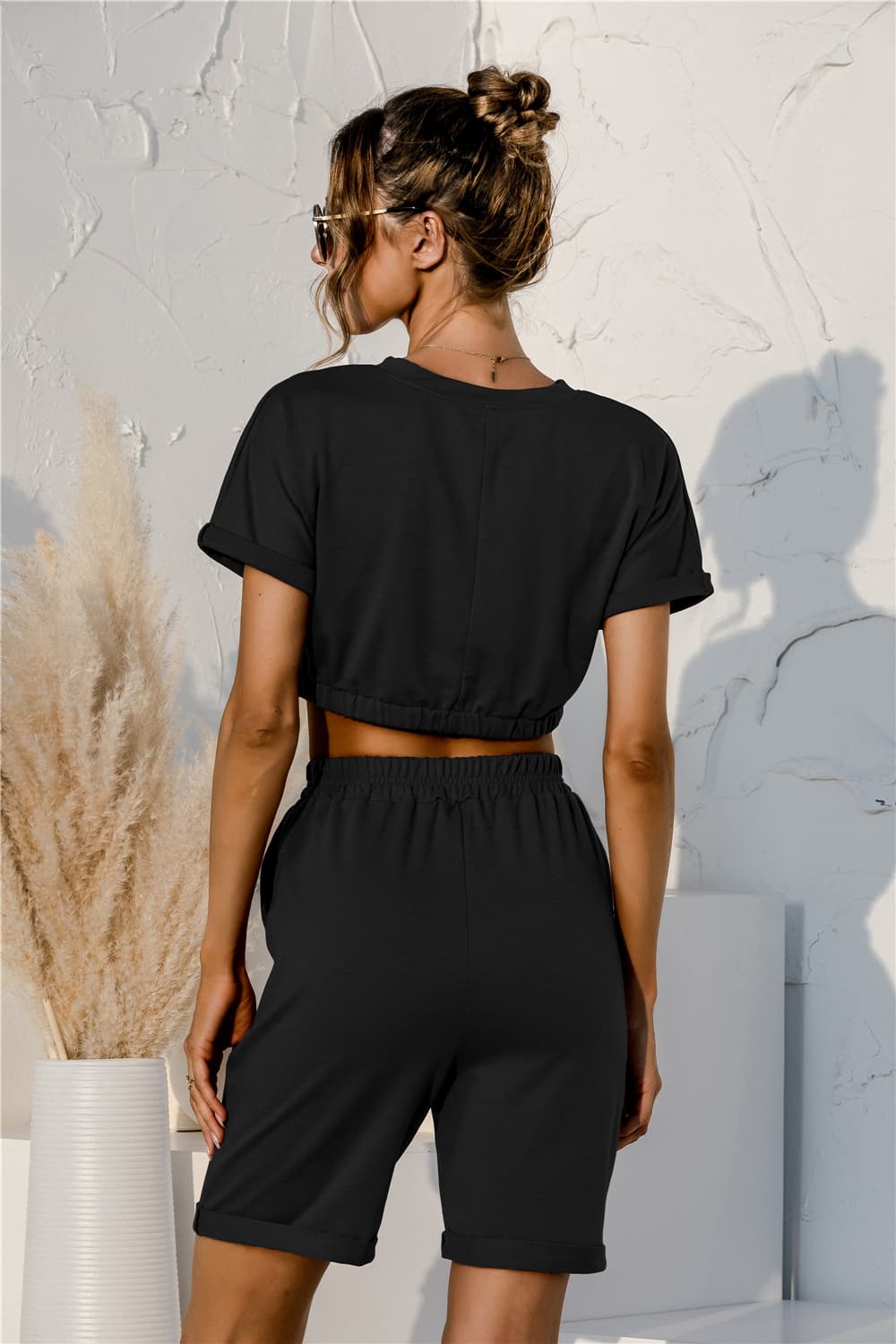 Short Sleeve Cropped Top and Drawstring Shorts Lounge Set - Fashorio