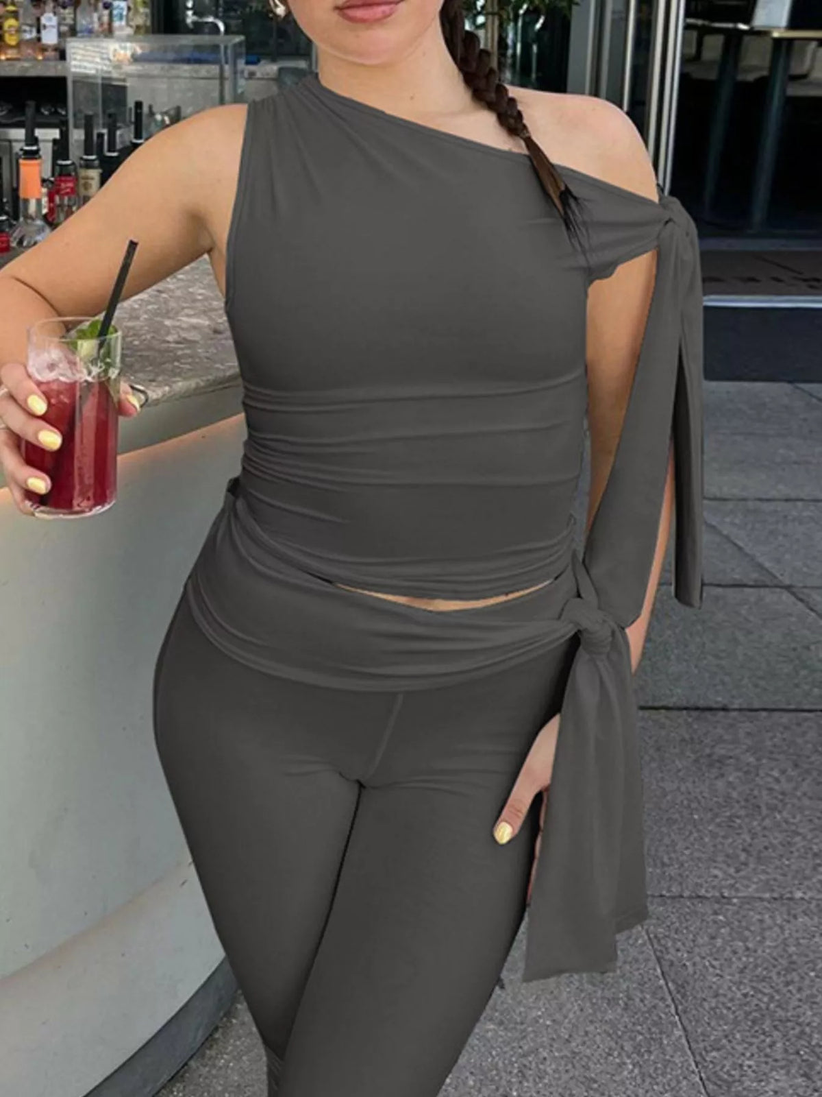 Womens asymmetrical capri two piece set side view