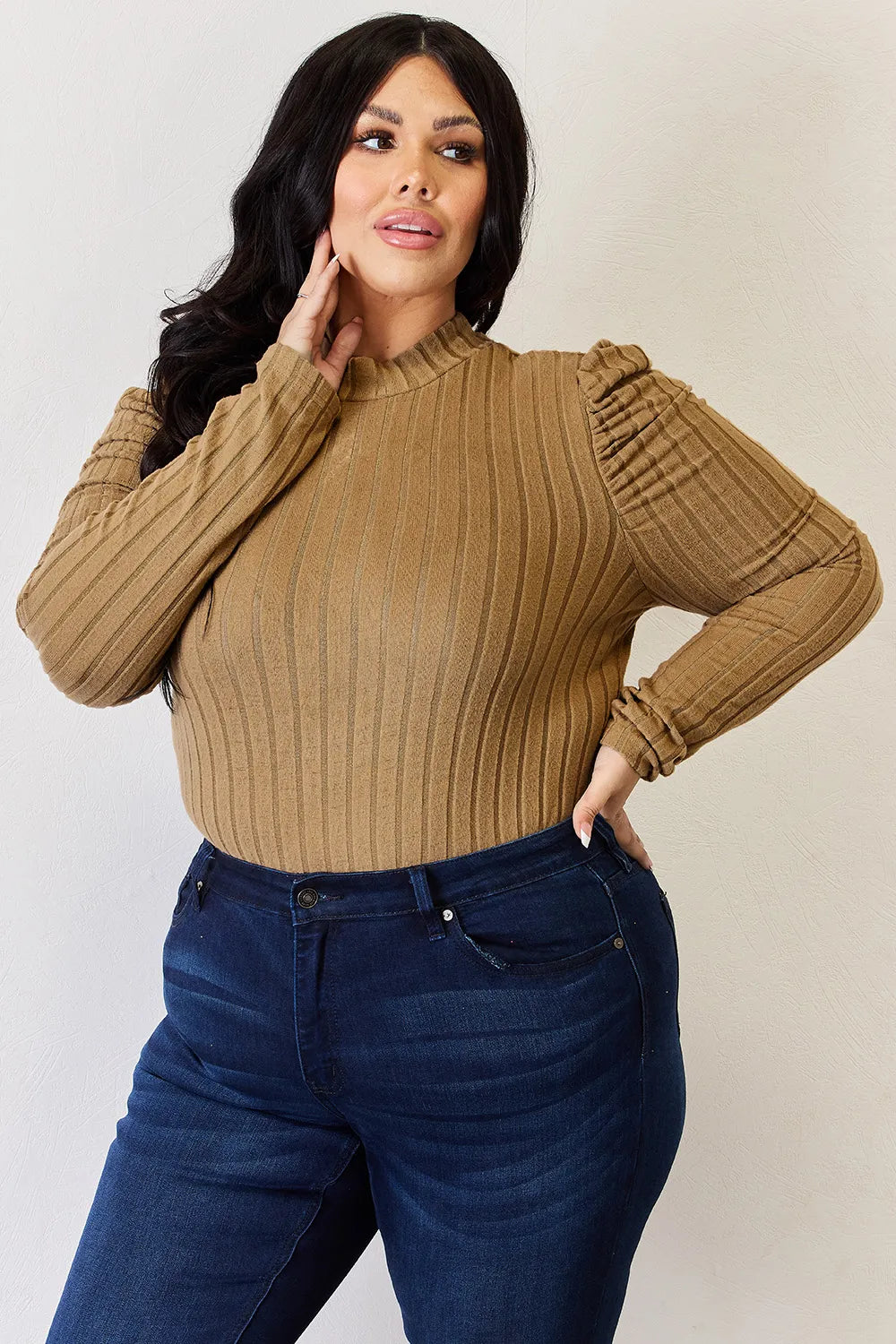 Basic Bae Ribbed Mock Neck Puff Sleeve Top, view 29