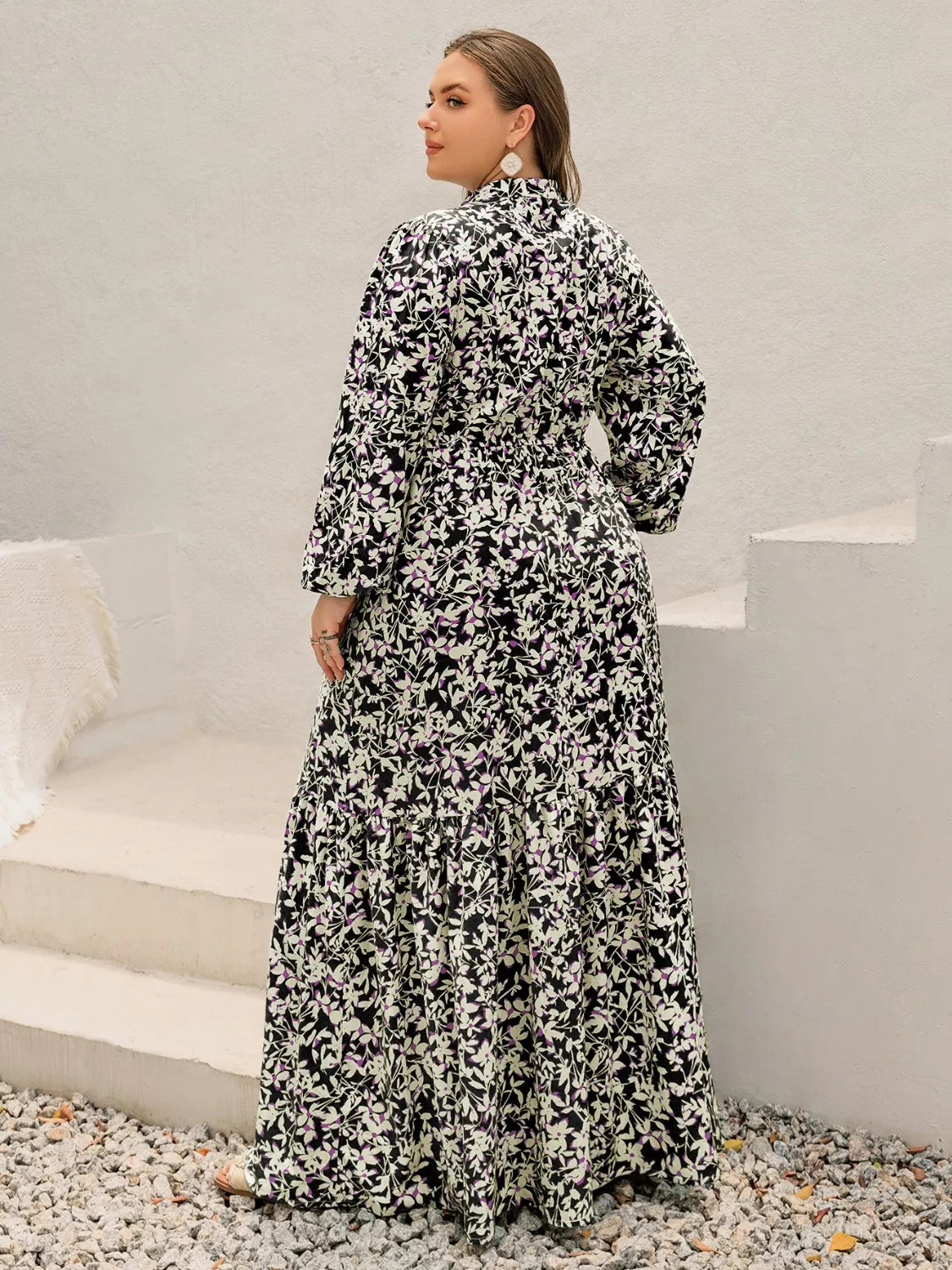 Plus Size Floral Long Sleeve Tiered Maxi Dress, full length view