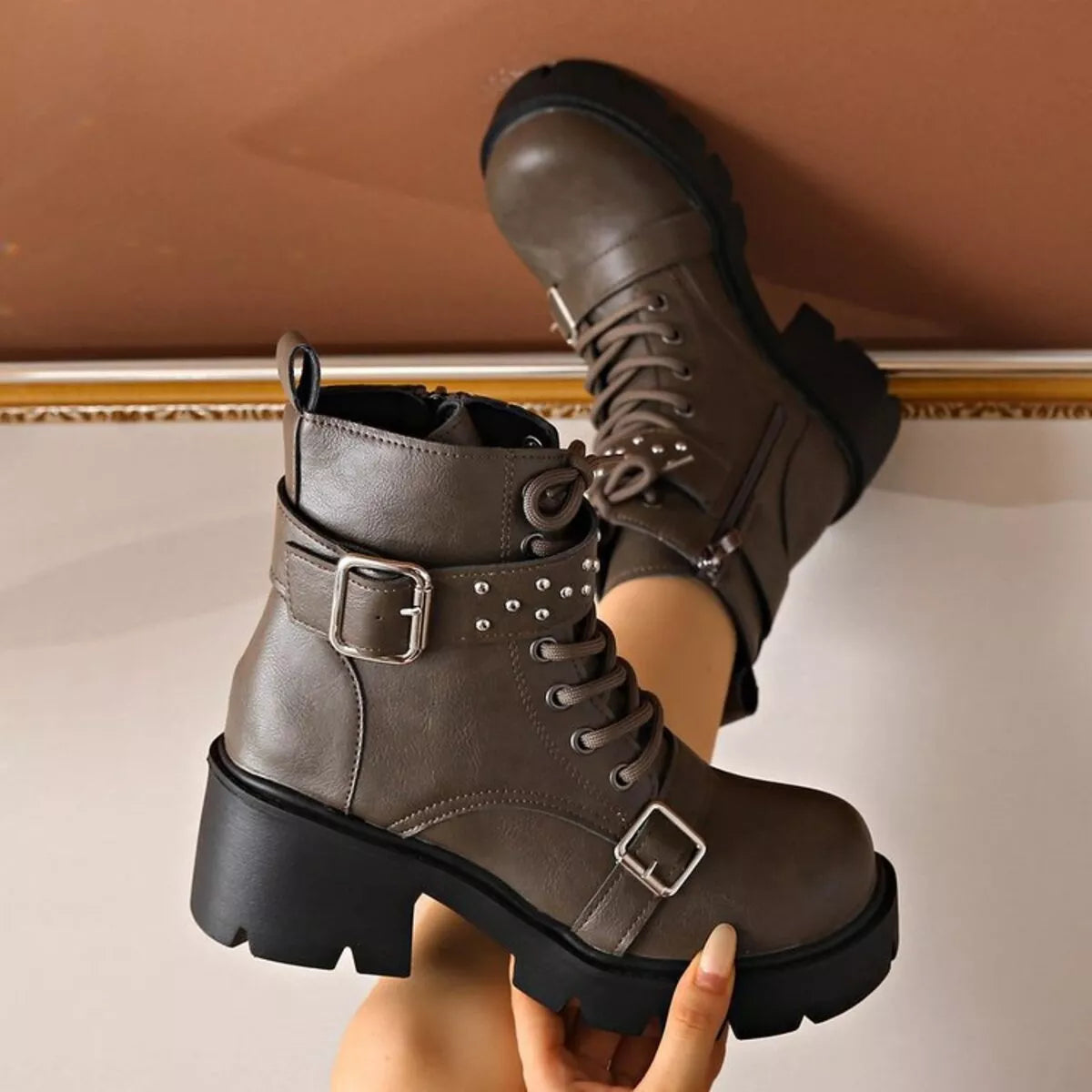 Round toe block heel boots toe detail