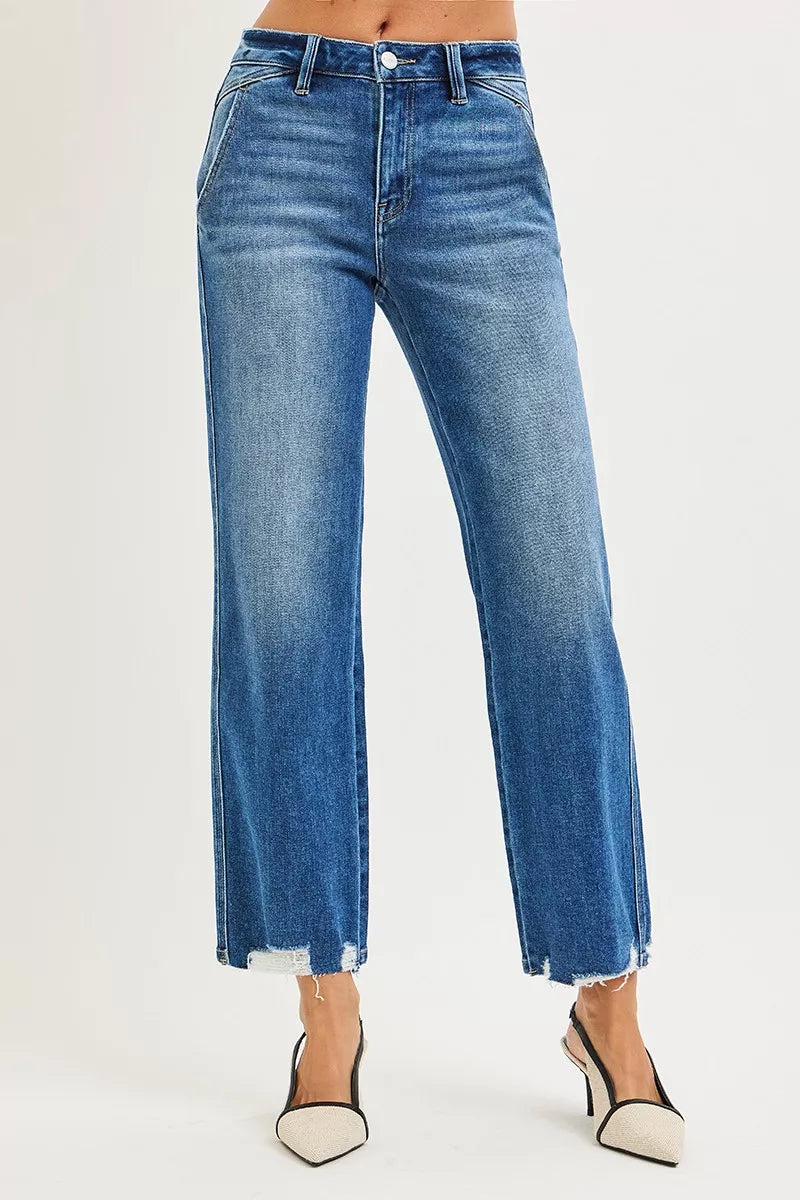 RISEN high rise straight jeans distressed hem detail