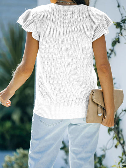 Round Neck Cap Sleeve Sweater - Fashorio