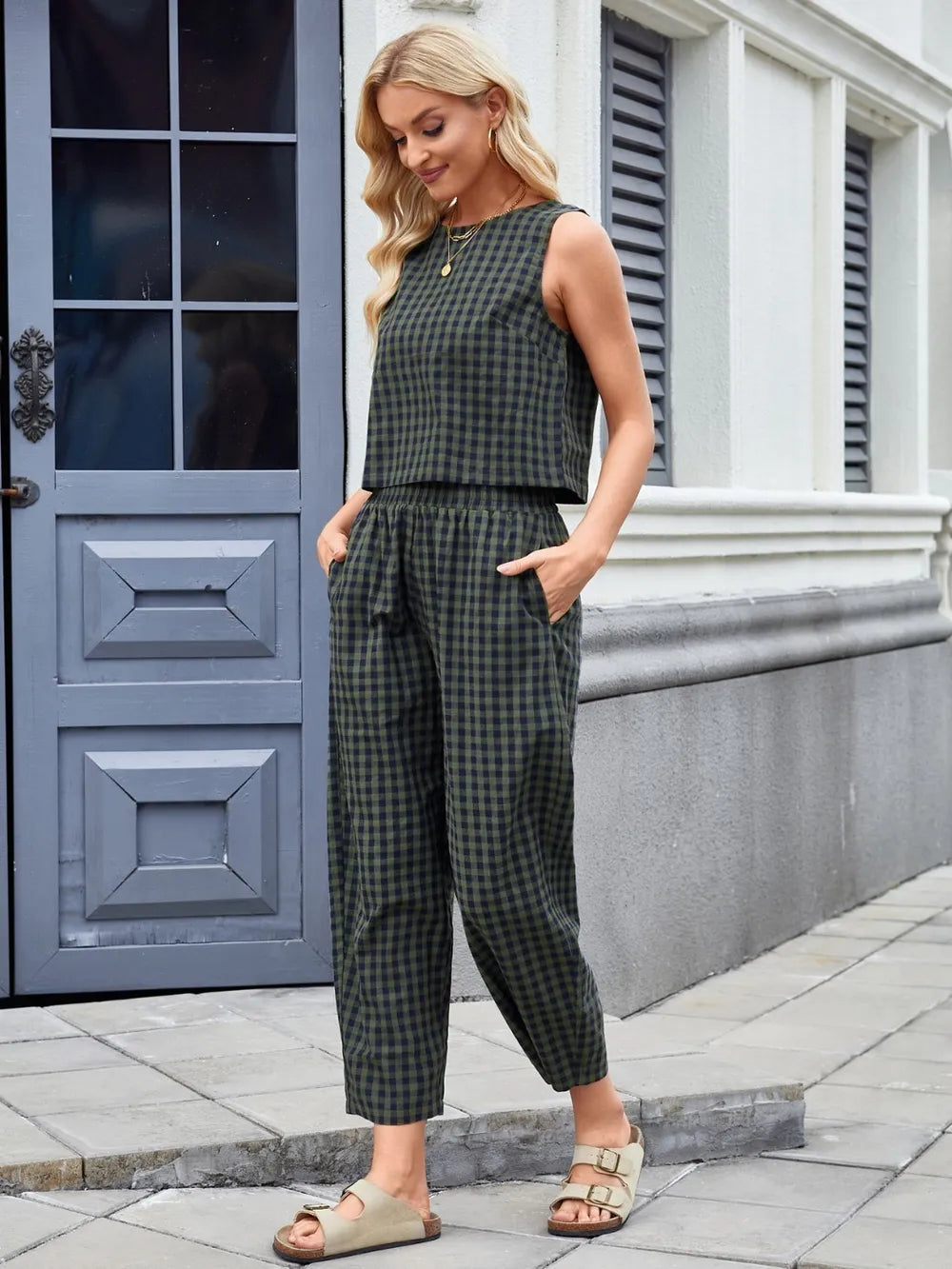 Plaid Sleeveless Top and Pants Set view 12