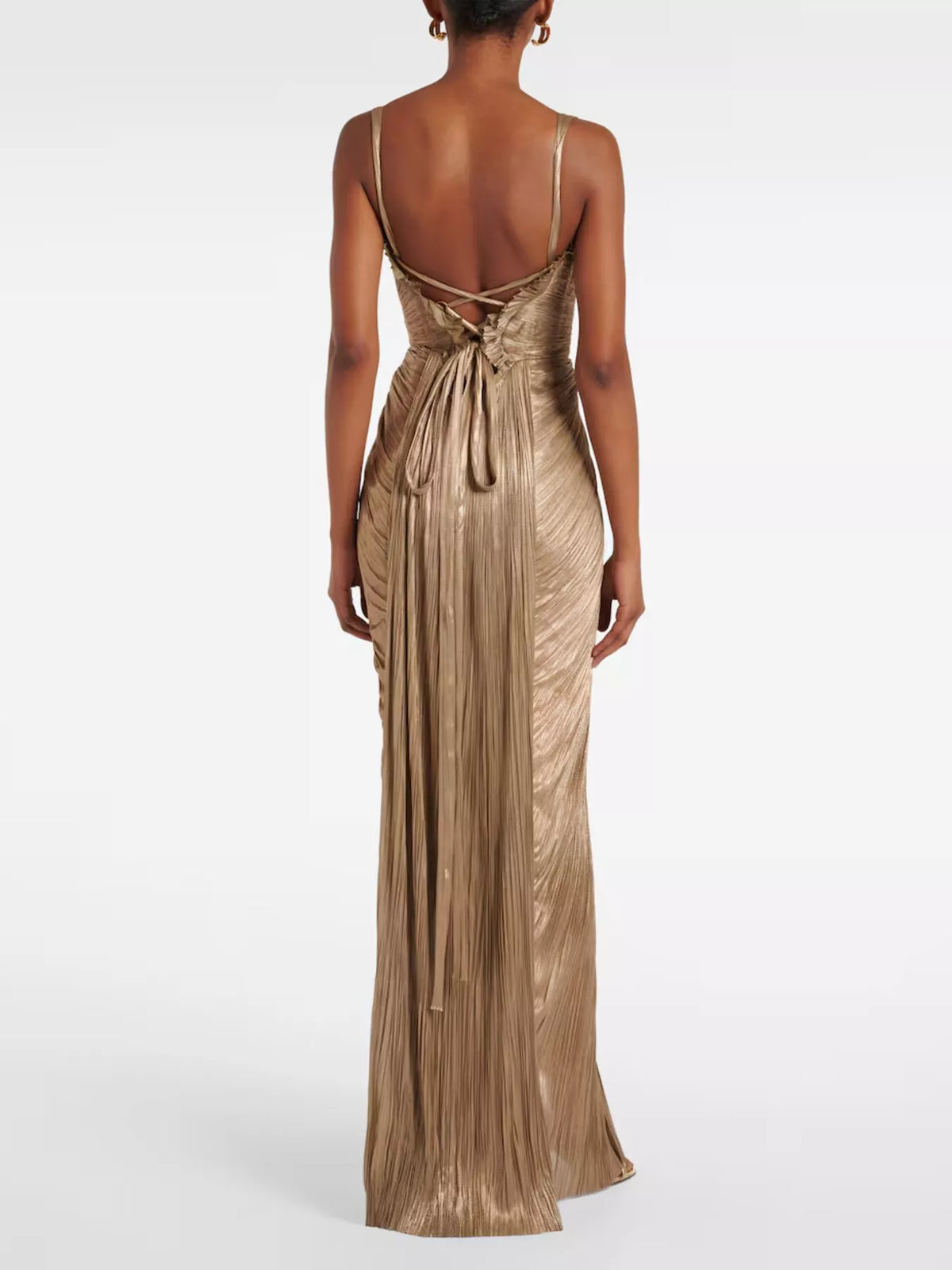 Gold metallic pleated corset maxi dress side view