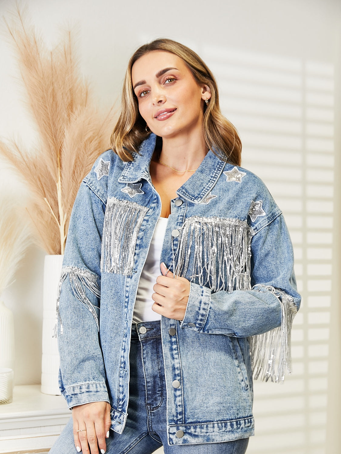 Fringe Detail Long Sleeve Denim Jacket Light - Fashorio