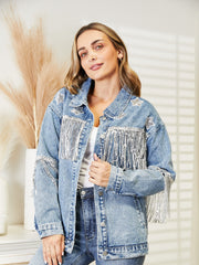 Fringe Detail Long Sleeve Denim Jacket Light - Fashorio