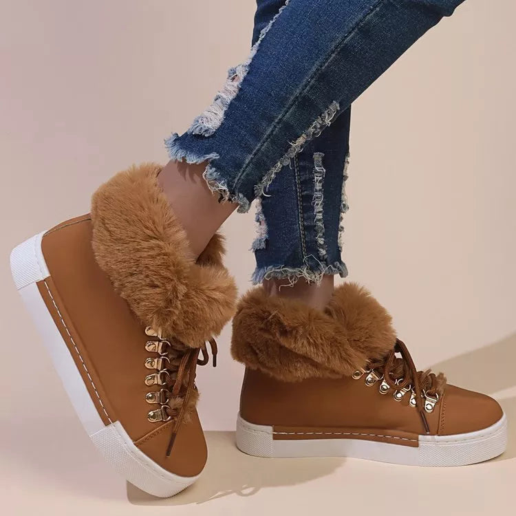 Fuzzy Trim Lace Up Ankle Boots in red