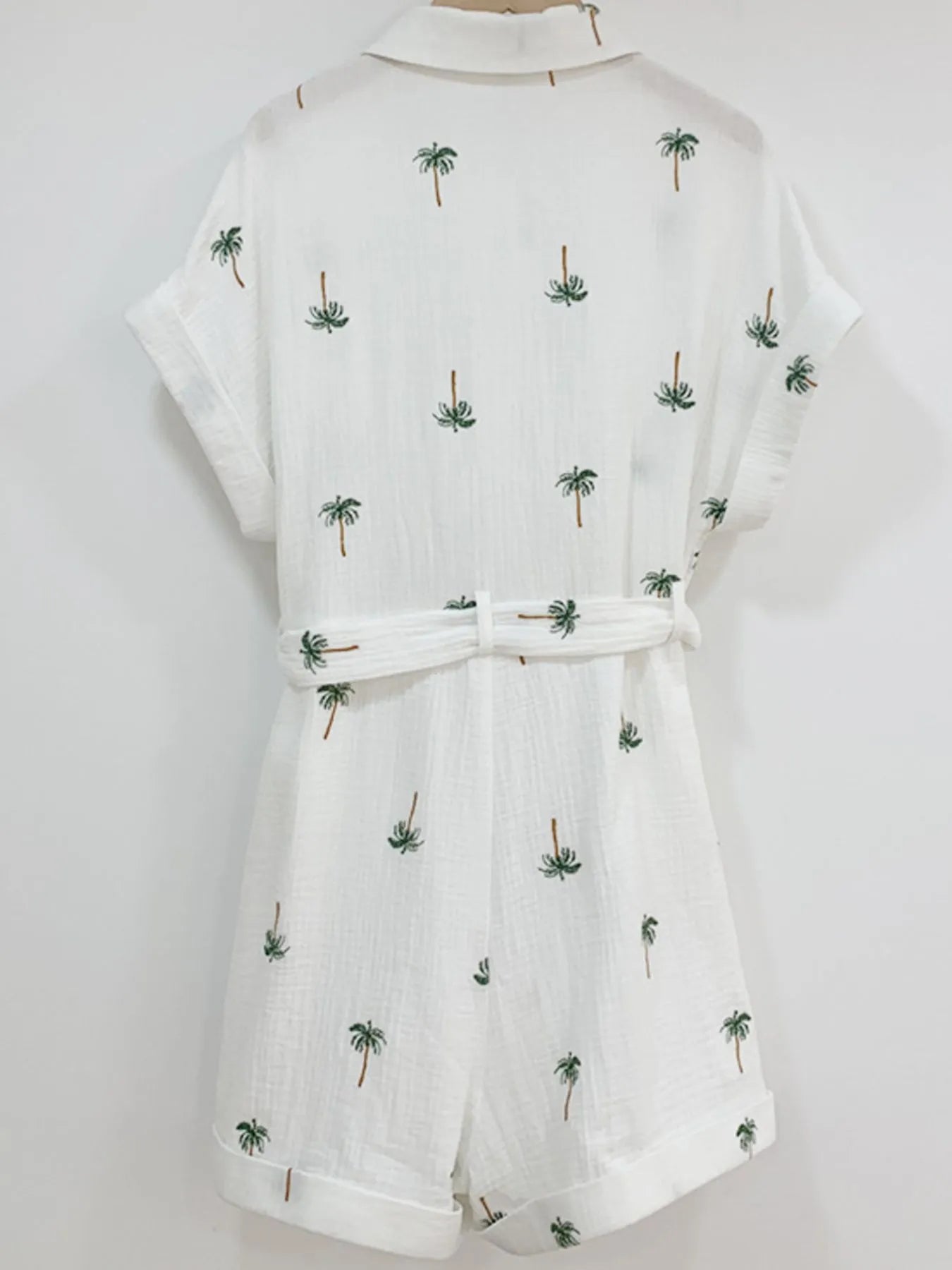 Palm Tree Print Short Sleeve Button-Up Romper with Belt - Fashorio