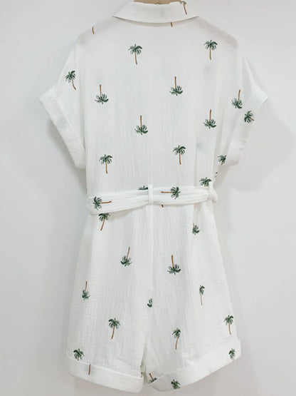 Palm Tree Print Short Sleeve Button-Up Romper with Belt - Fashorio