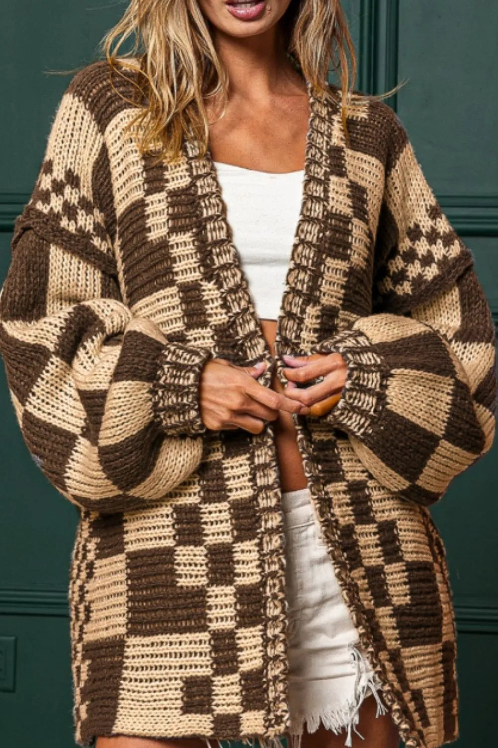 Checkered Open Front Long Sleeve Cardigan Tan - Fashorio
