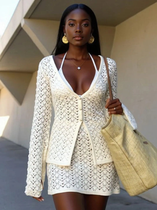 Button Up Crochet Cardigan and Skirt Sweater Set Cream - Fashorio