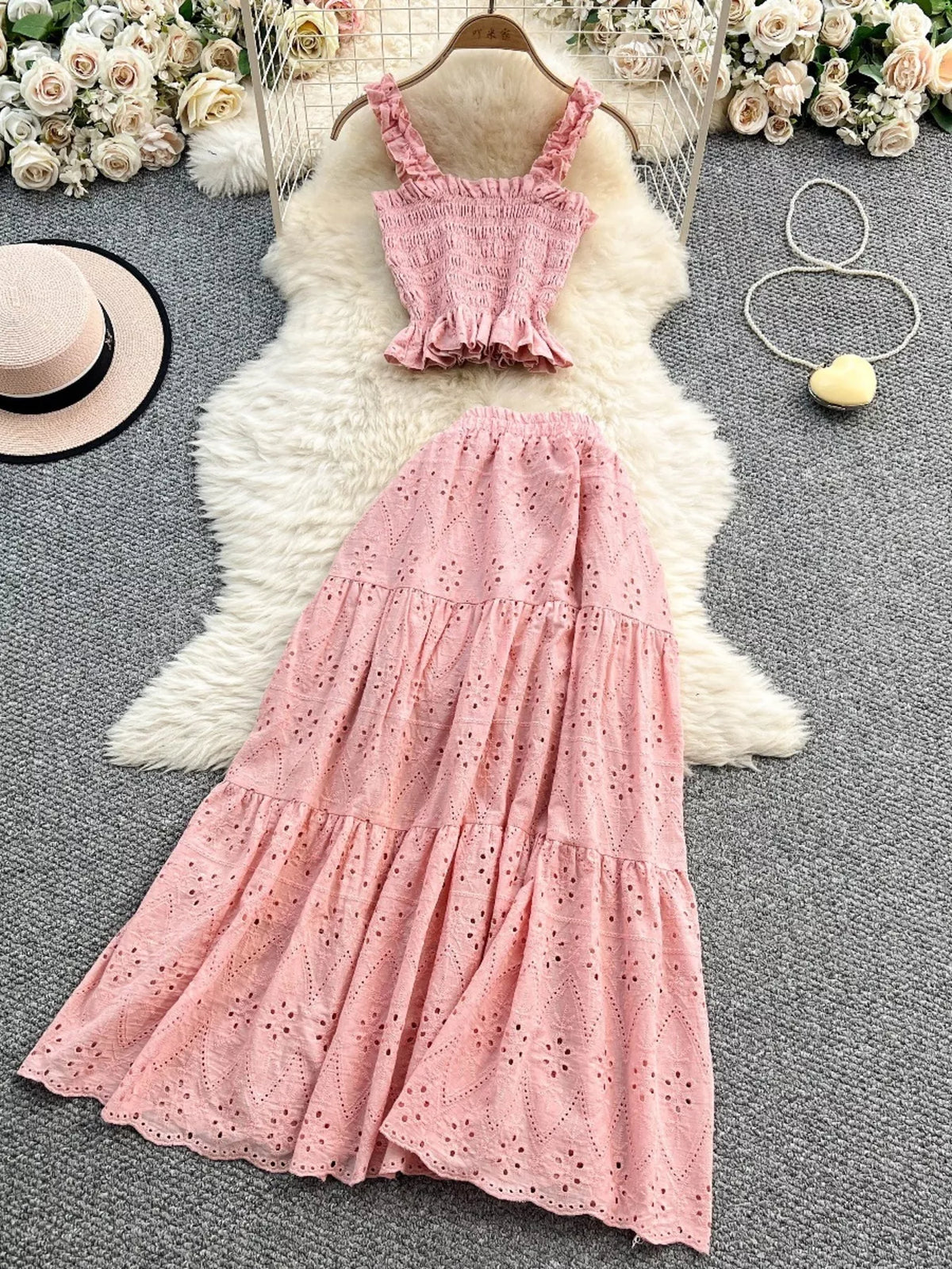 Smocked crop top and hollow out skirt set