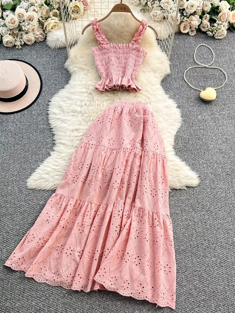 Smocked crop top and hollow out skirt set