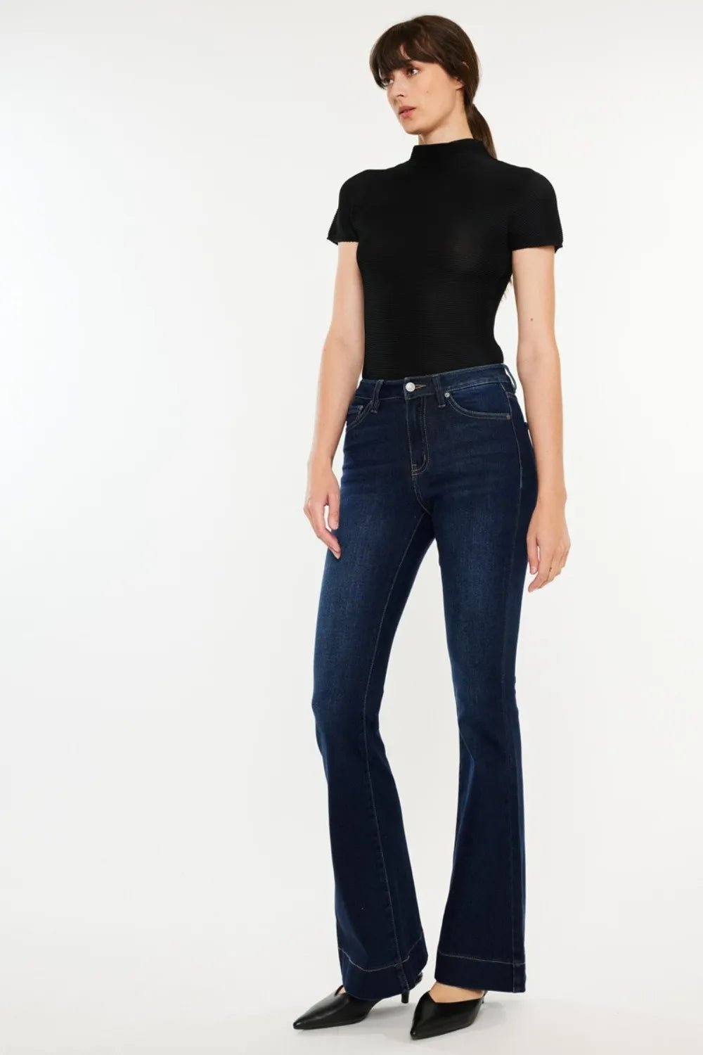 Kancan High Rise Slim Flare Jeans – Dark Wash Stretch Denim - Fashorio