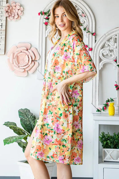 Heimish Full Size Half Sleeve Multi Color Floral Open Cardigan Plus Size - Fashorio