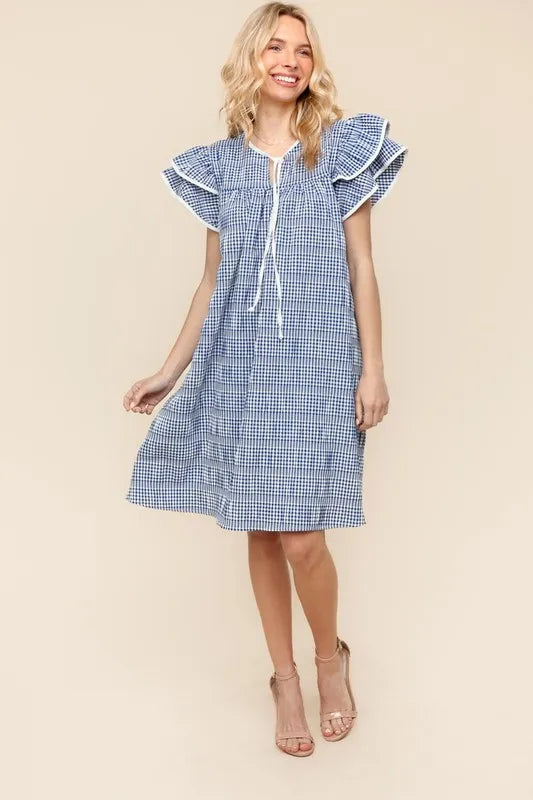 Double Ruffle Sleeve Dress with Pockets in Navy on model
