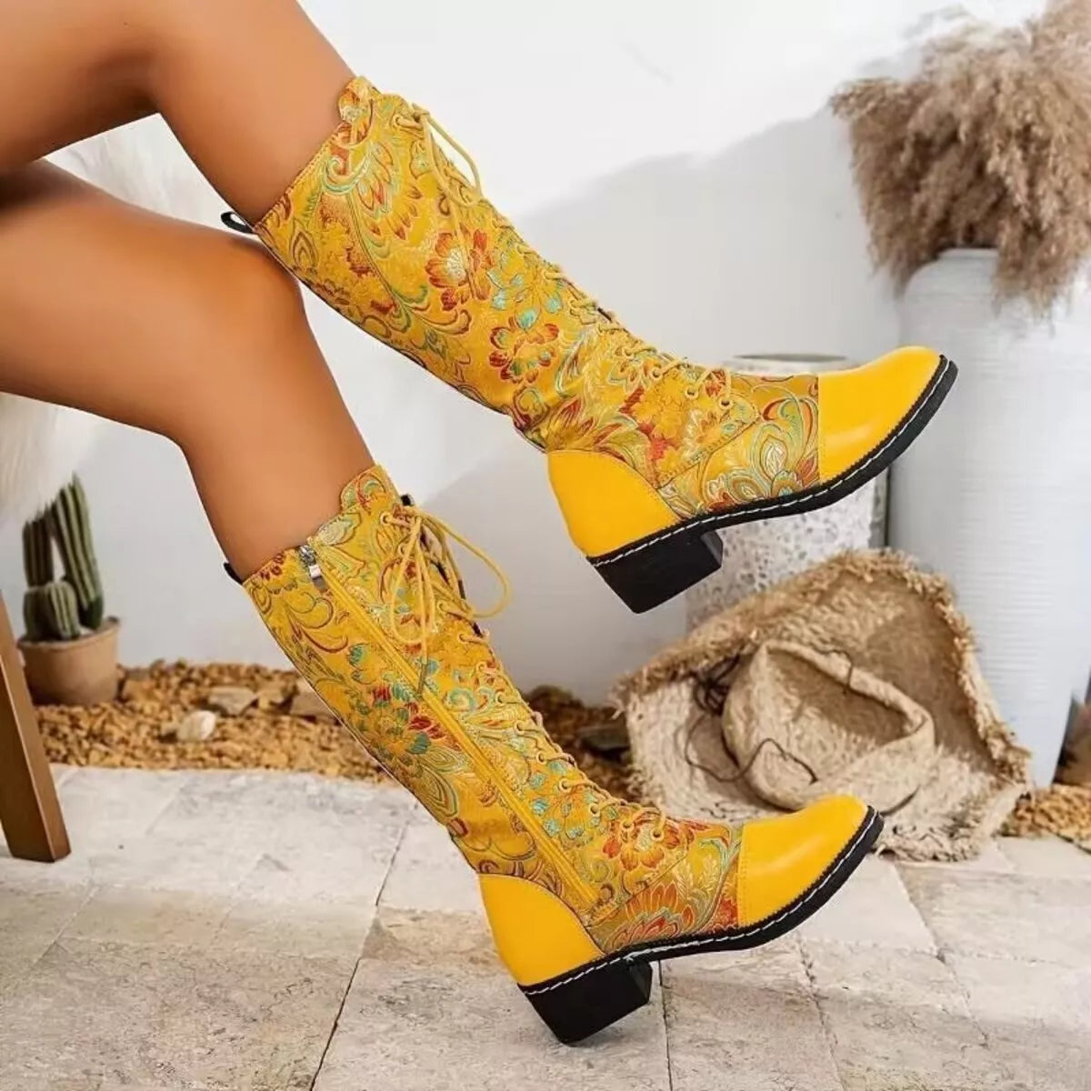 Embroidered Lace Up Block Heel Boots top down view