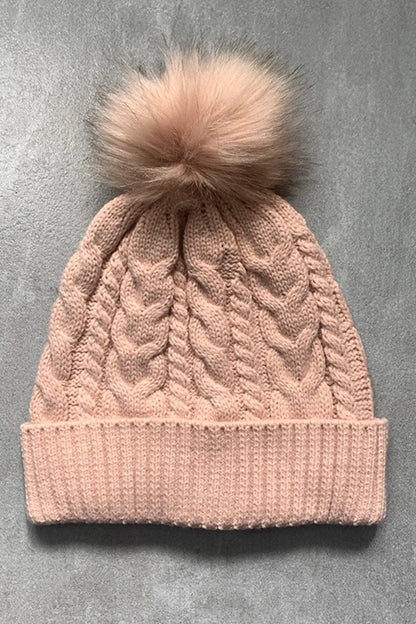 Cable-Knit Cuffed Hat with Pom-pom Watermelon pink One Size - Fashorio