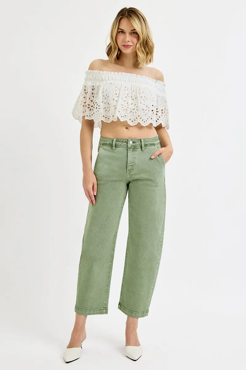 RISEN crop barrel jeans olive green side view