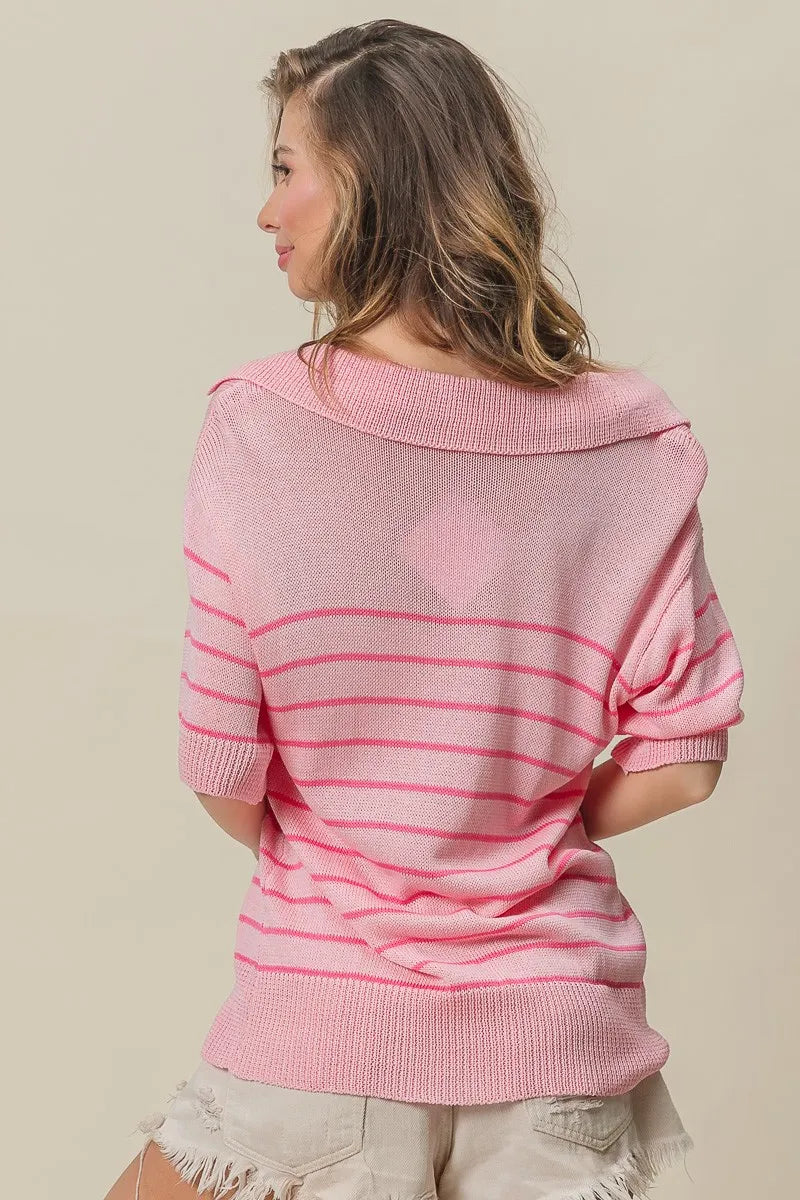 Striped knit V neck sweater top detail shot