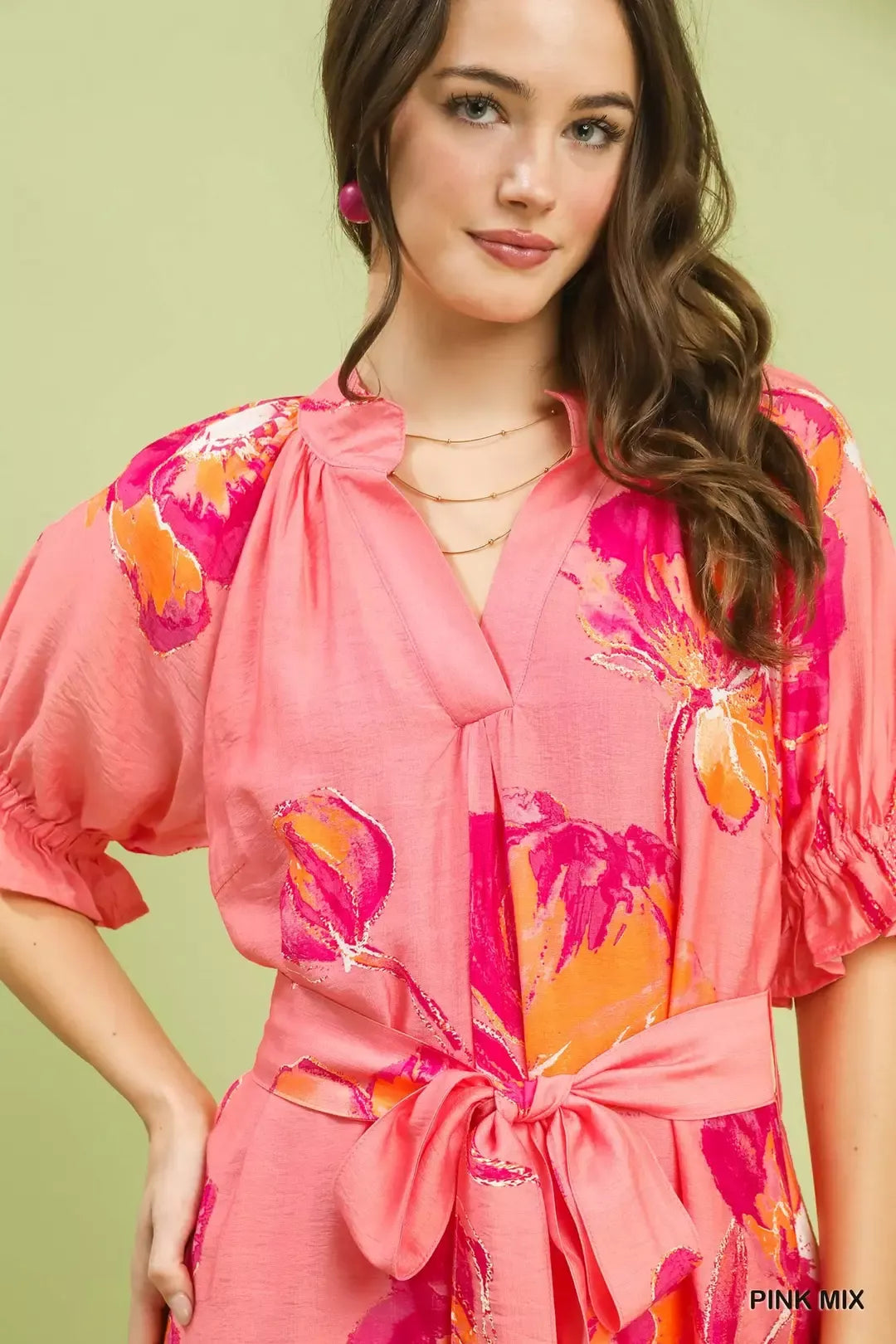 Floral Flounce Sleeve Midi Dress with Belted on model