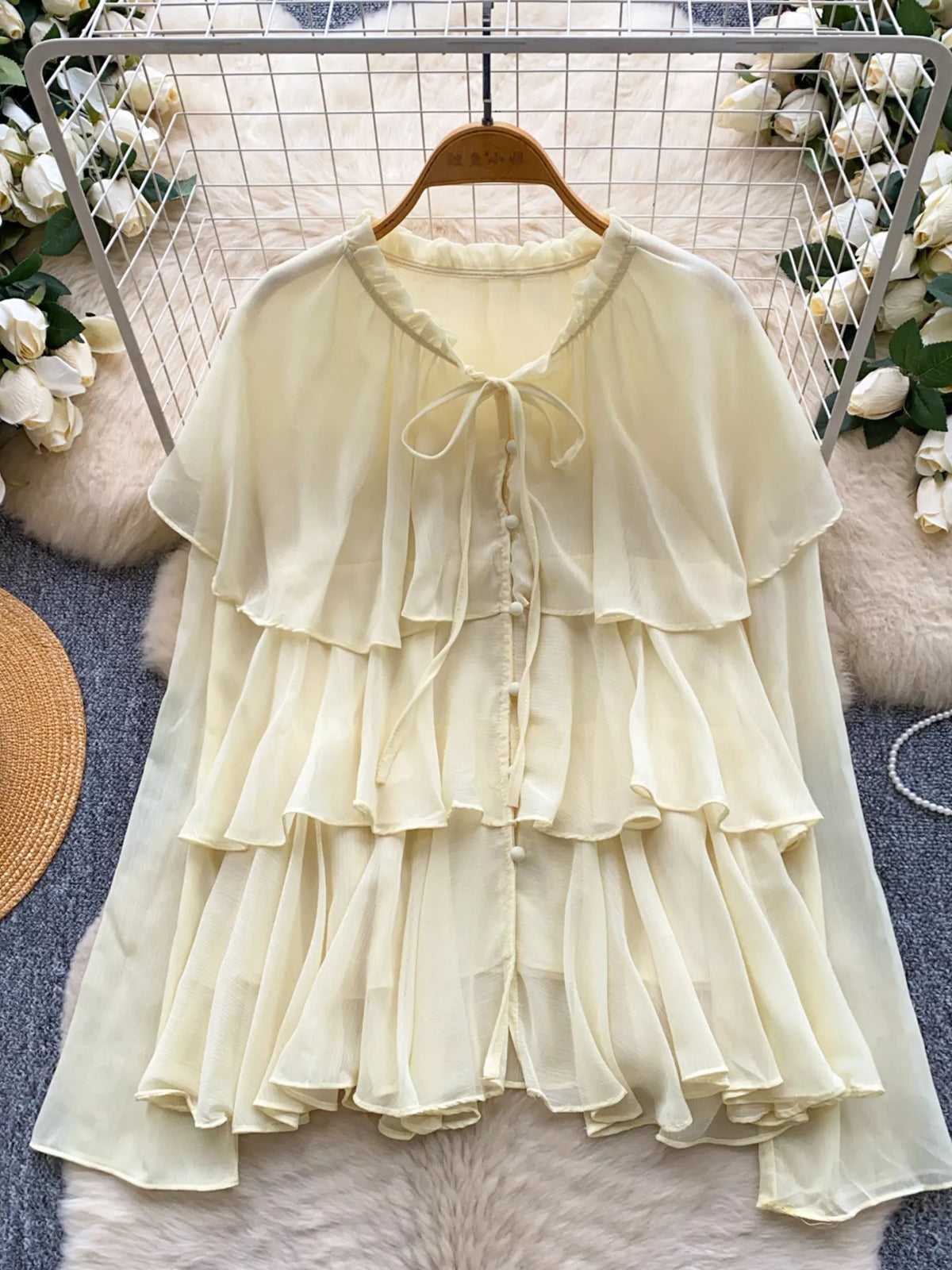 ruffle tiered chiffon blouse front view