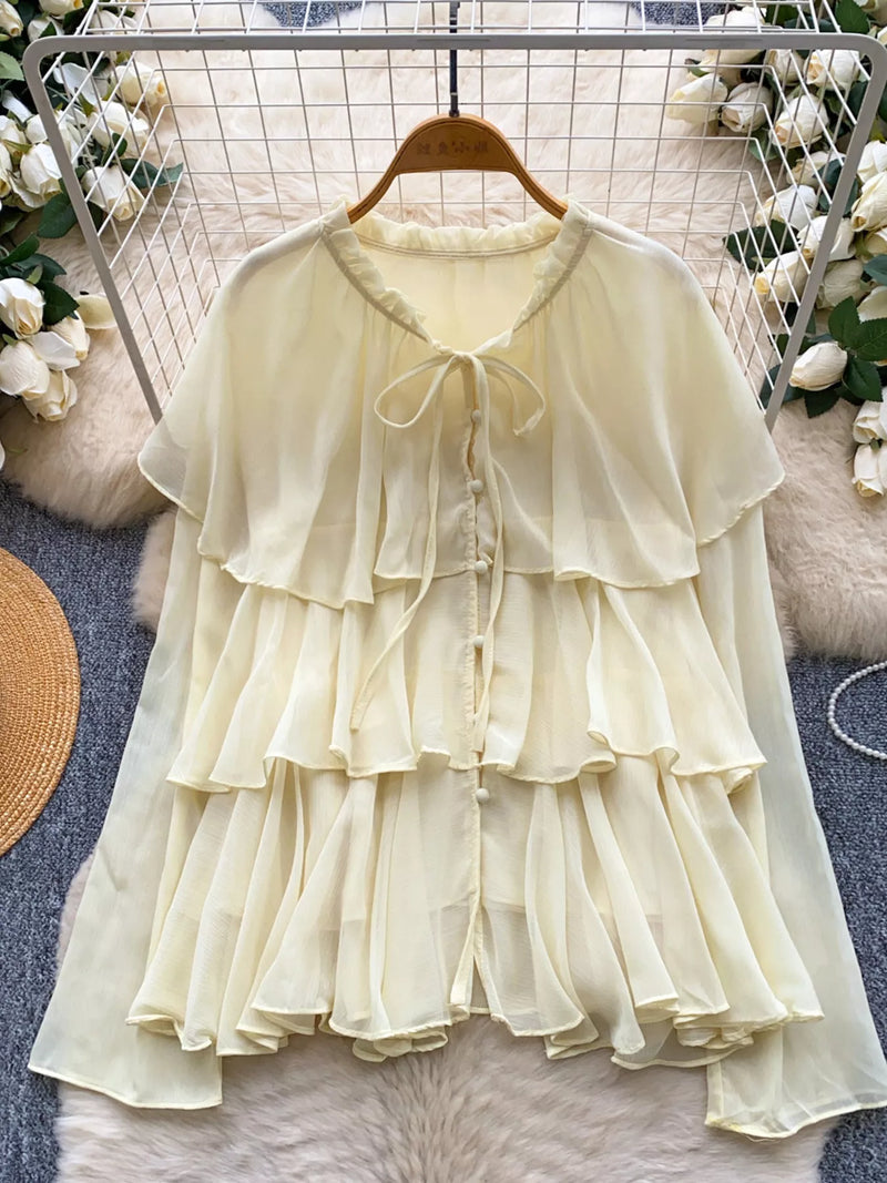 ruffle tiered chiffon blouse front view