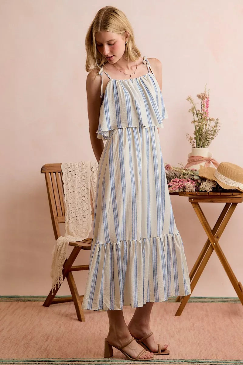 White and blue striped tiered midi dress with shoulder ties front view