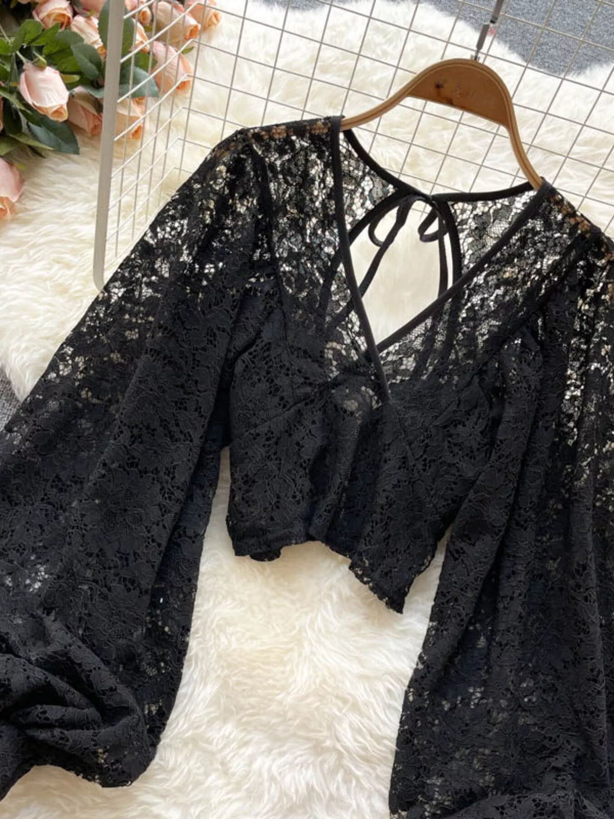 Lace tie back long sleeve top, back detail