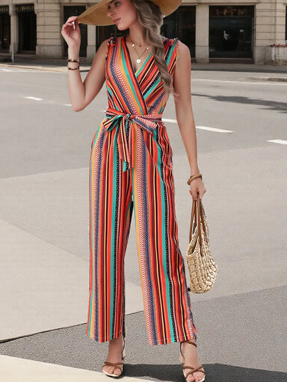 Striped Sleeveless Tie Waist Jumpsuit - Fashorio