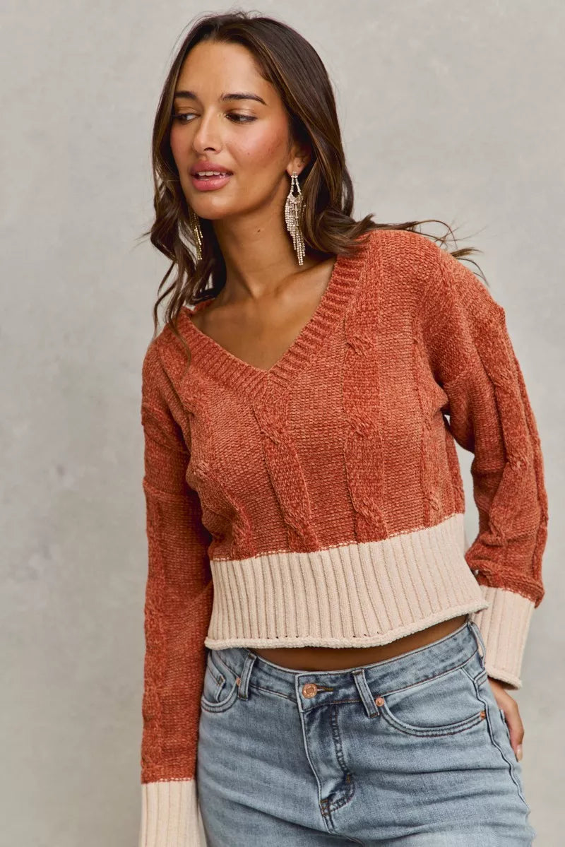 Chenille Cable Knit Cropped V Neck Sweater in Rust styled look