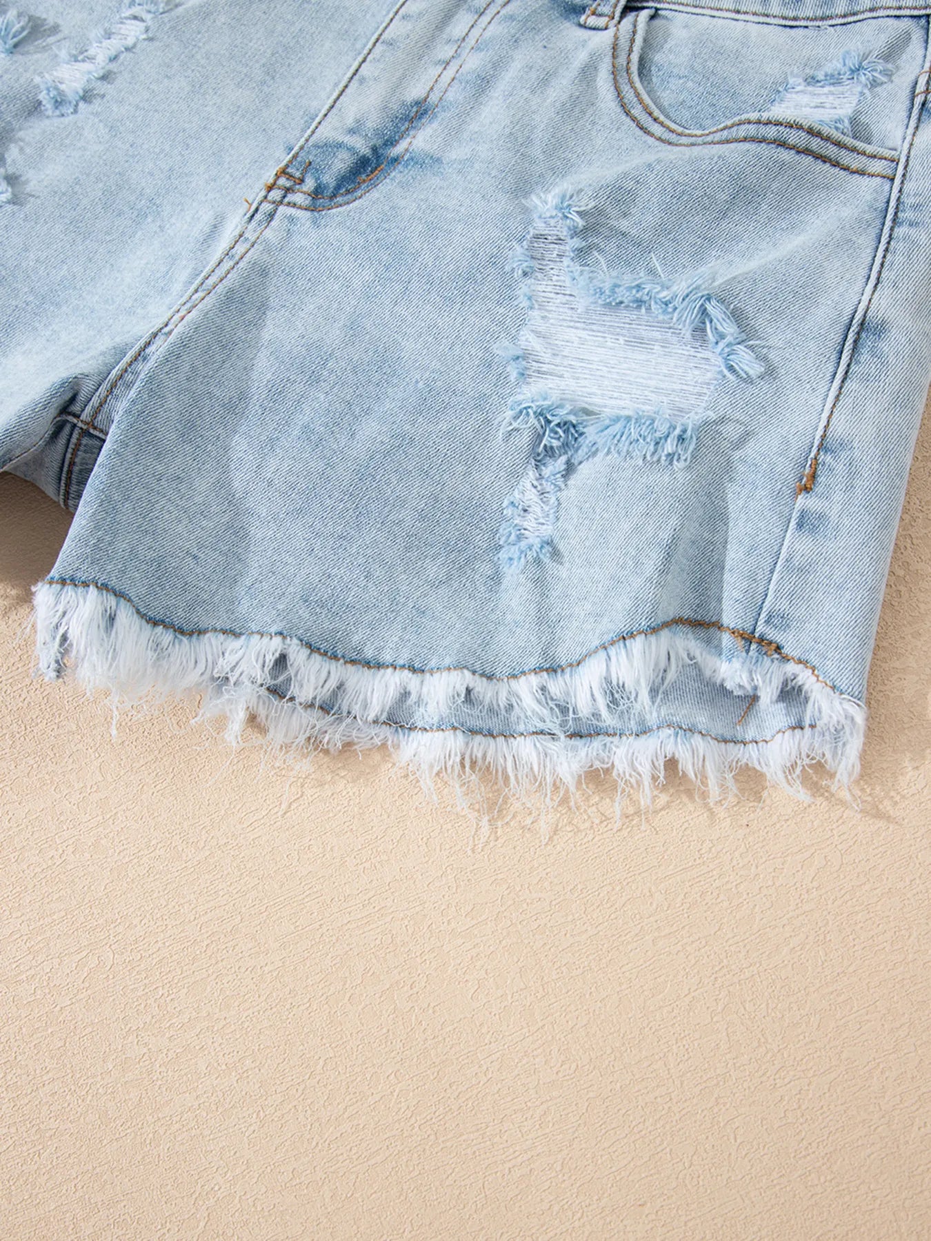 High Rise Distressed Raw Hem Denim Shorts - Fashorio