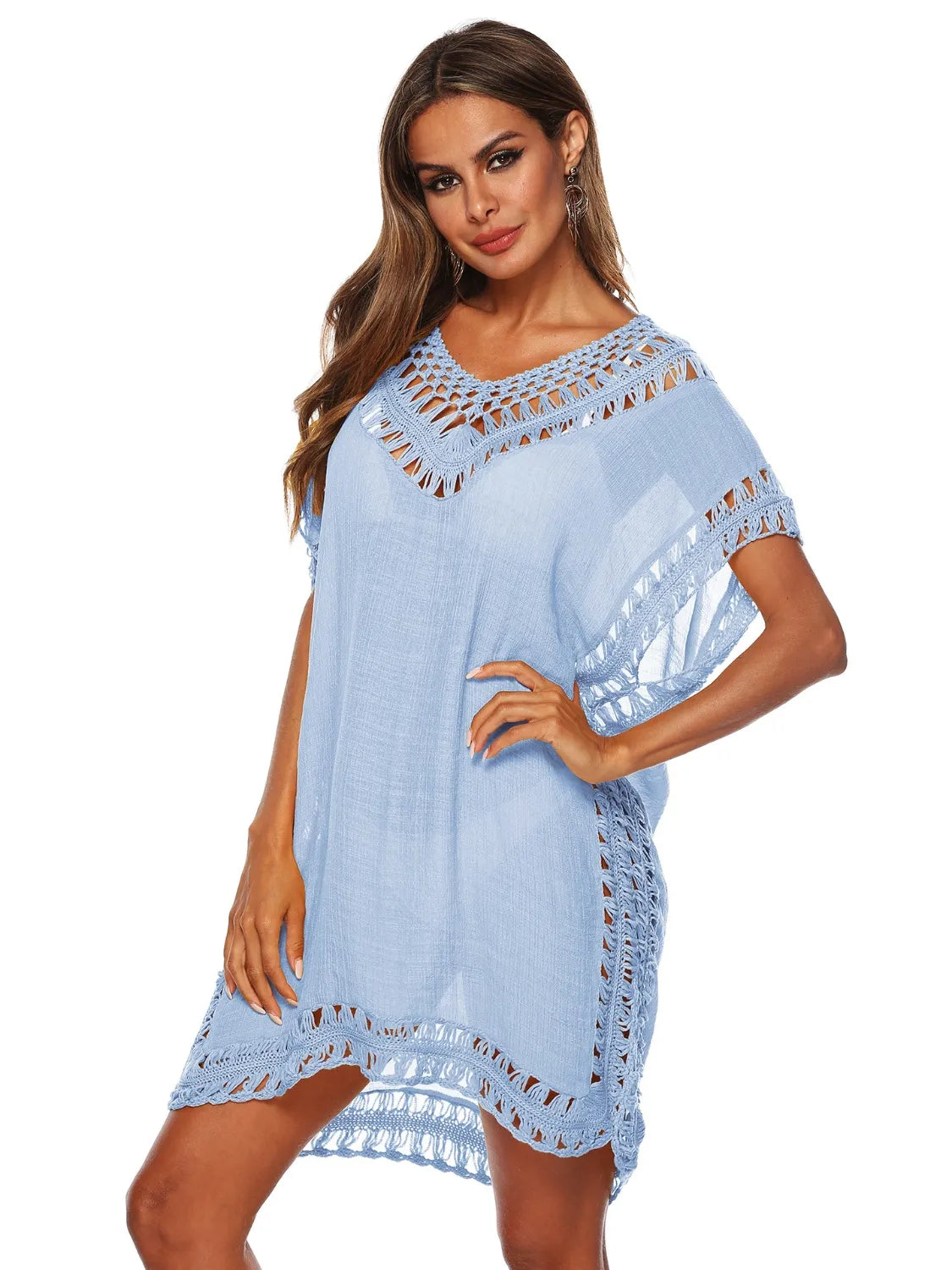 Bohemian Crochet Trim Beach Cover Up Dress Light Blue One Size - Fashorio
