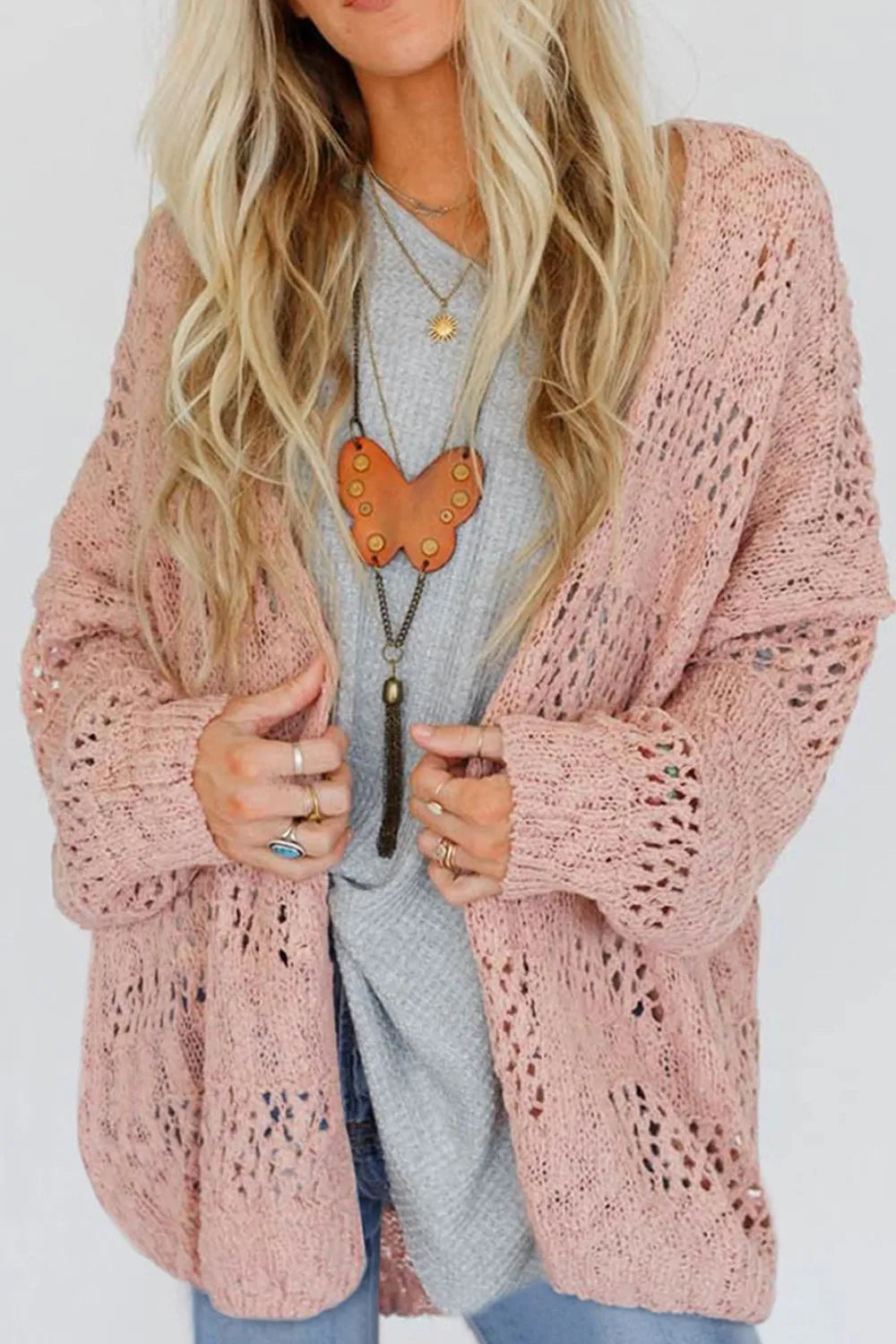 Openwork Open Front Long Sleeve Cardigan Dusty Pink - Fashorio