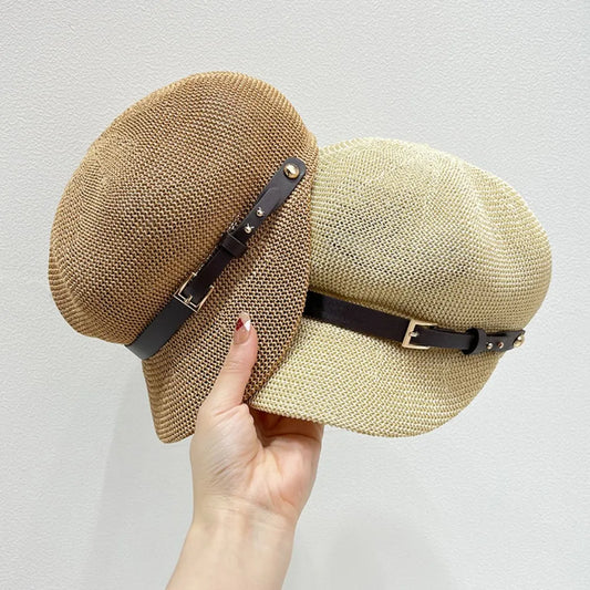 Straw Woven Buckle Hat Khaki One Size - Fashorio