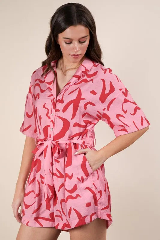 Oversized Printed Button Down Resort Romper back view