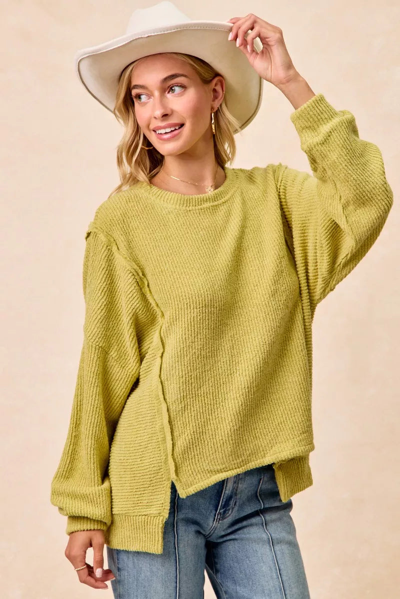 Boucle textured sweater side view in lime green