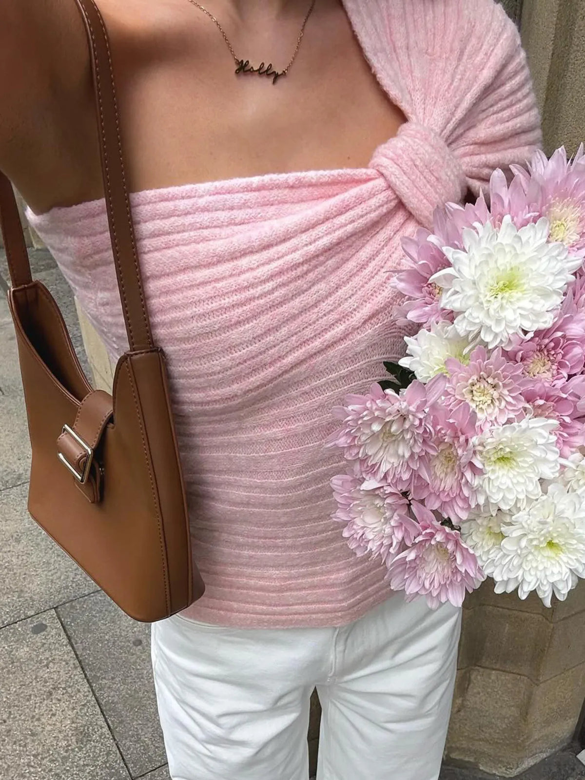 one shoulder ribbed sweater pink back view