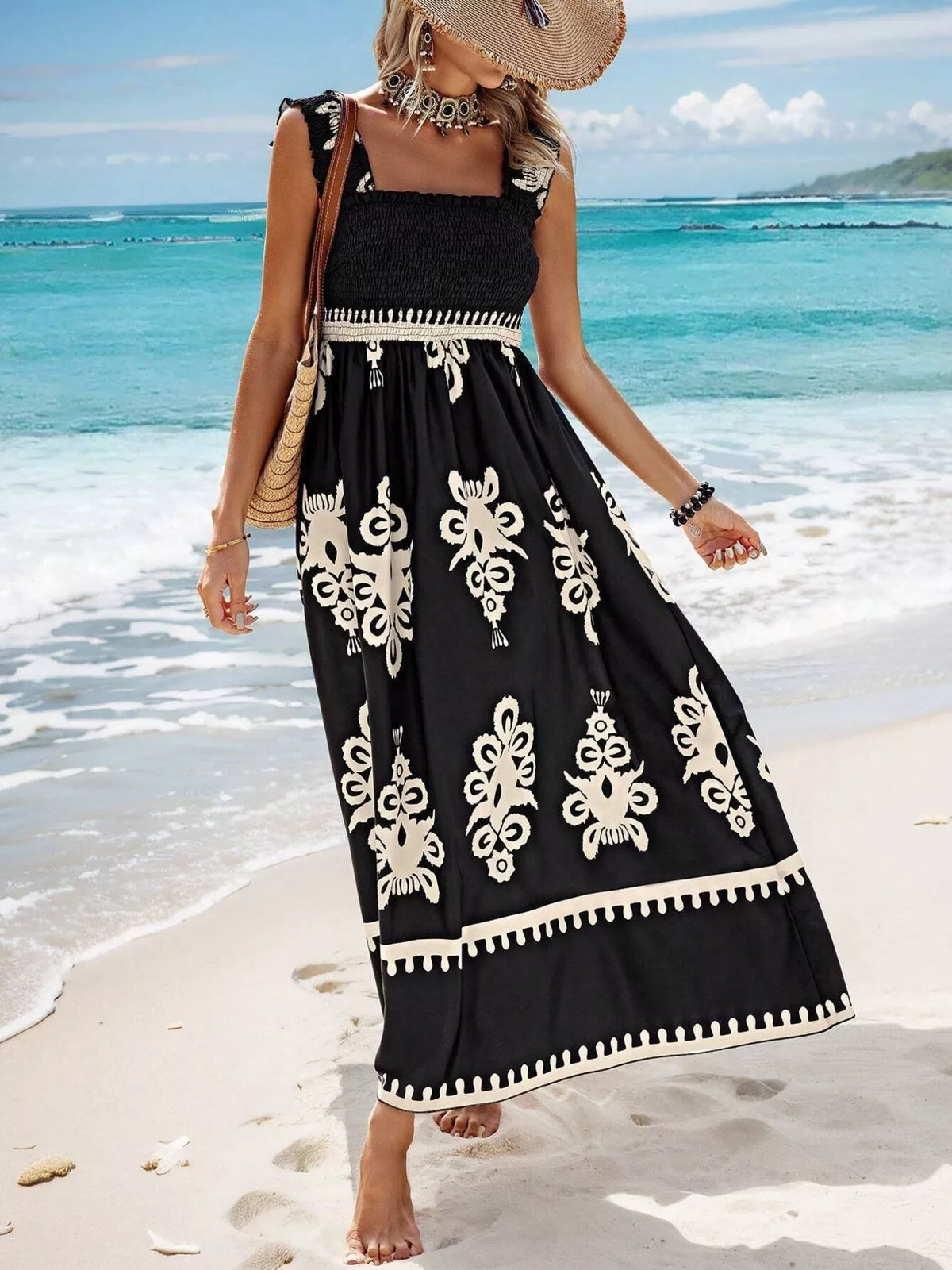 printed square neck smocked maxi dress front view