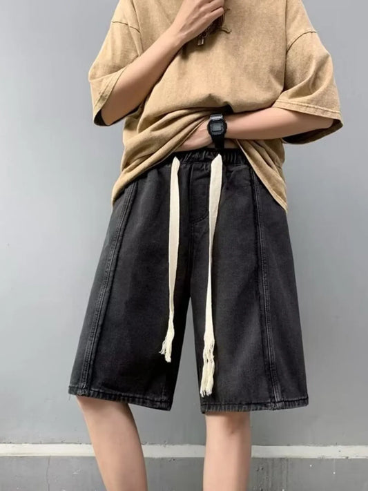 Men's Full Size Drawstring Denim Shorts with Pockets Plus Size Black - Fashorio