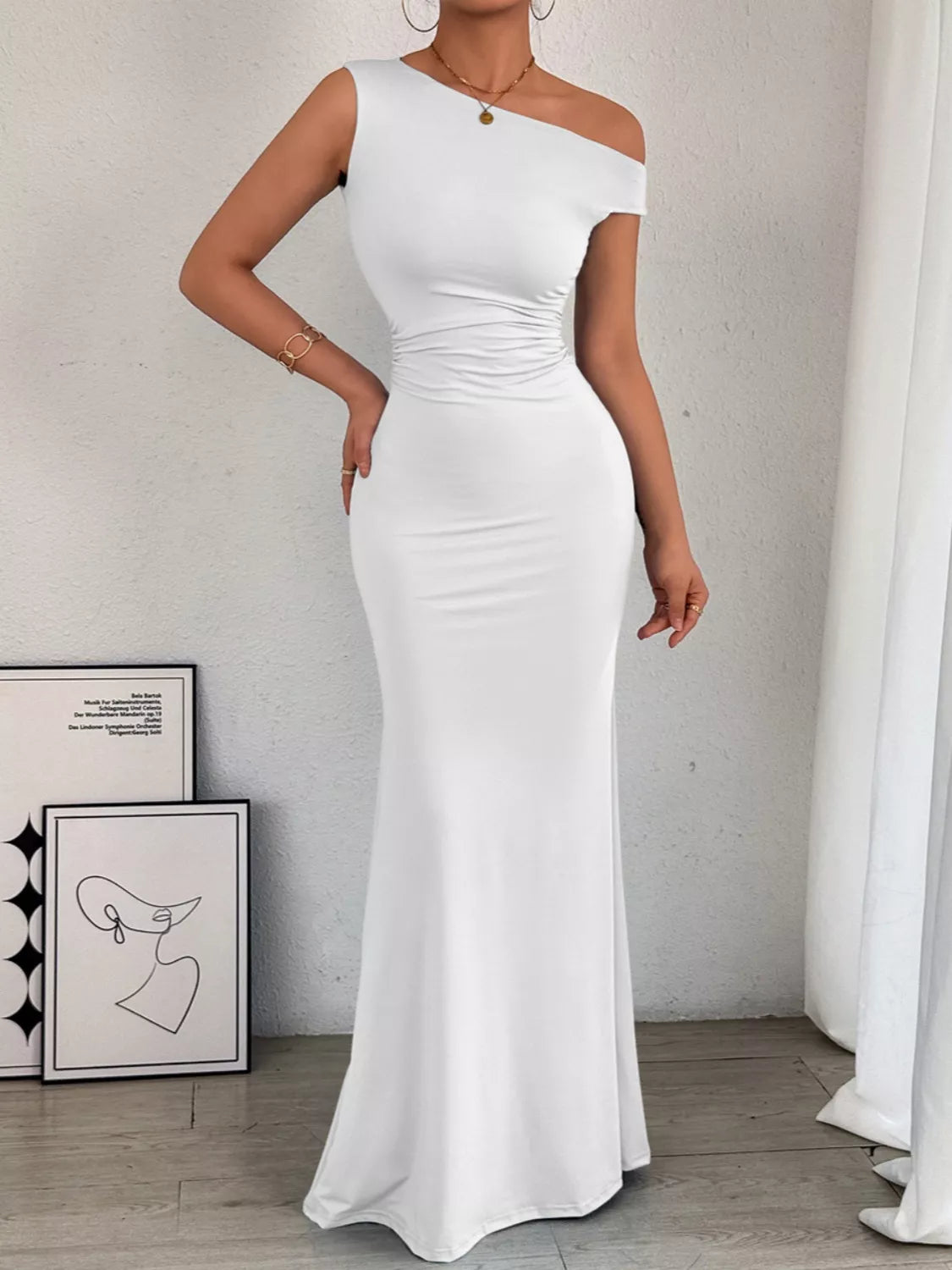 One shoulder ruched dress in another colour