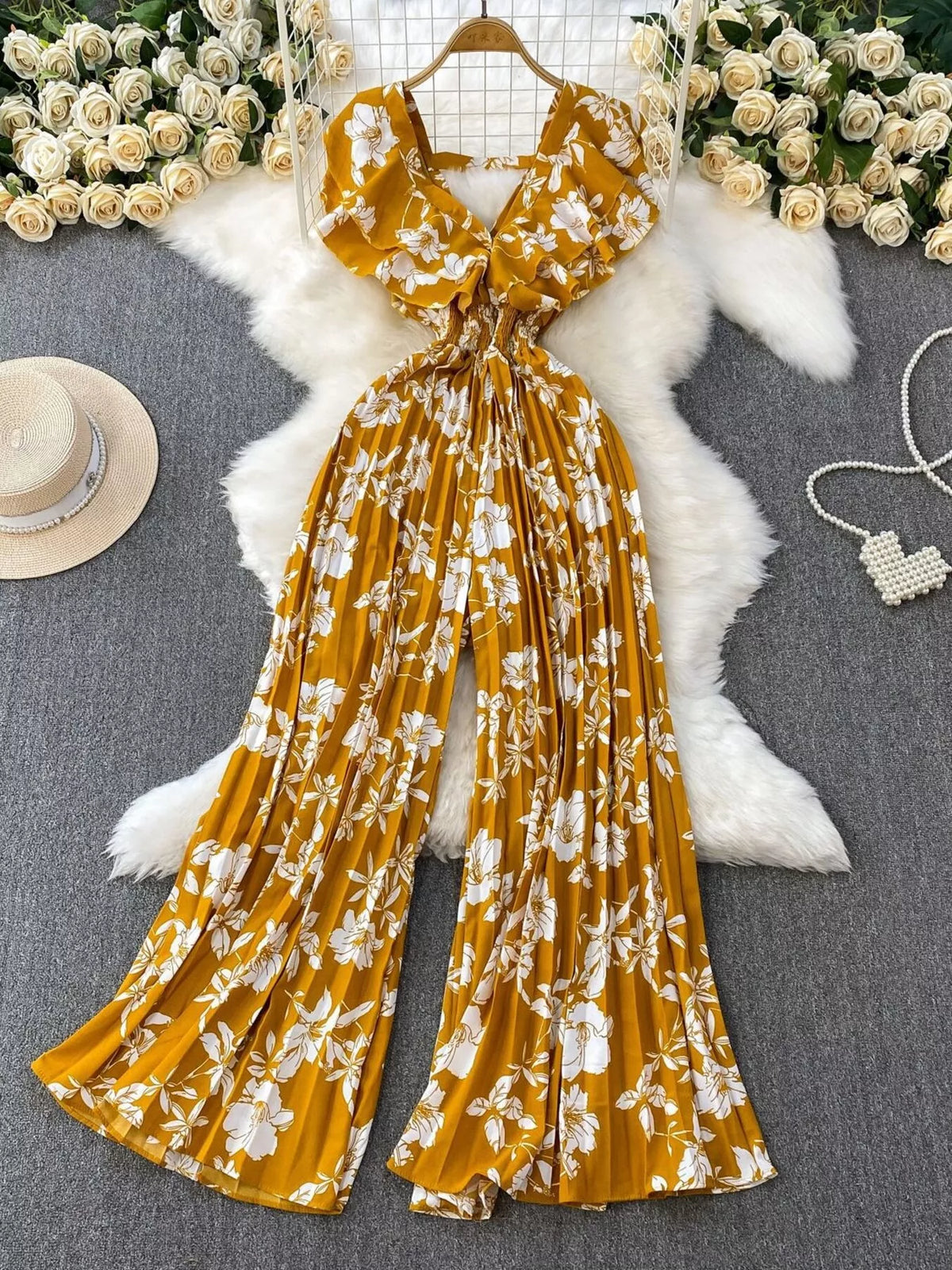 Floral print wide leg pleated jumpsuit styled view