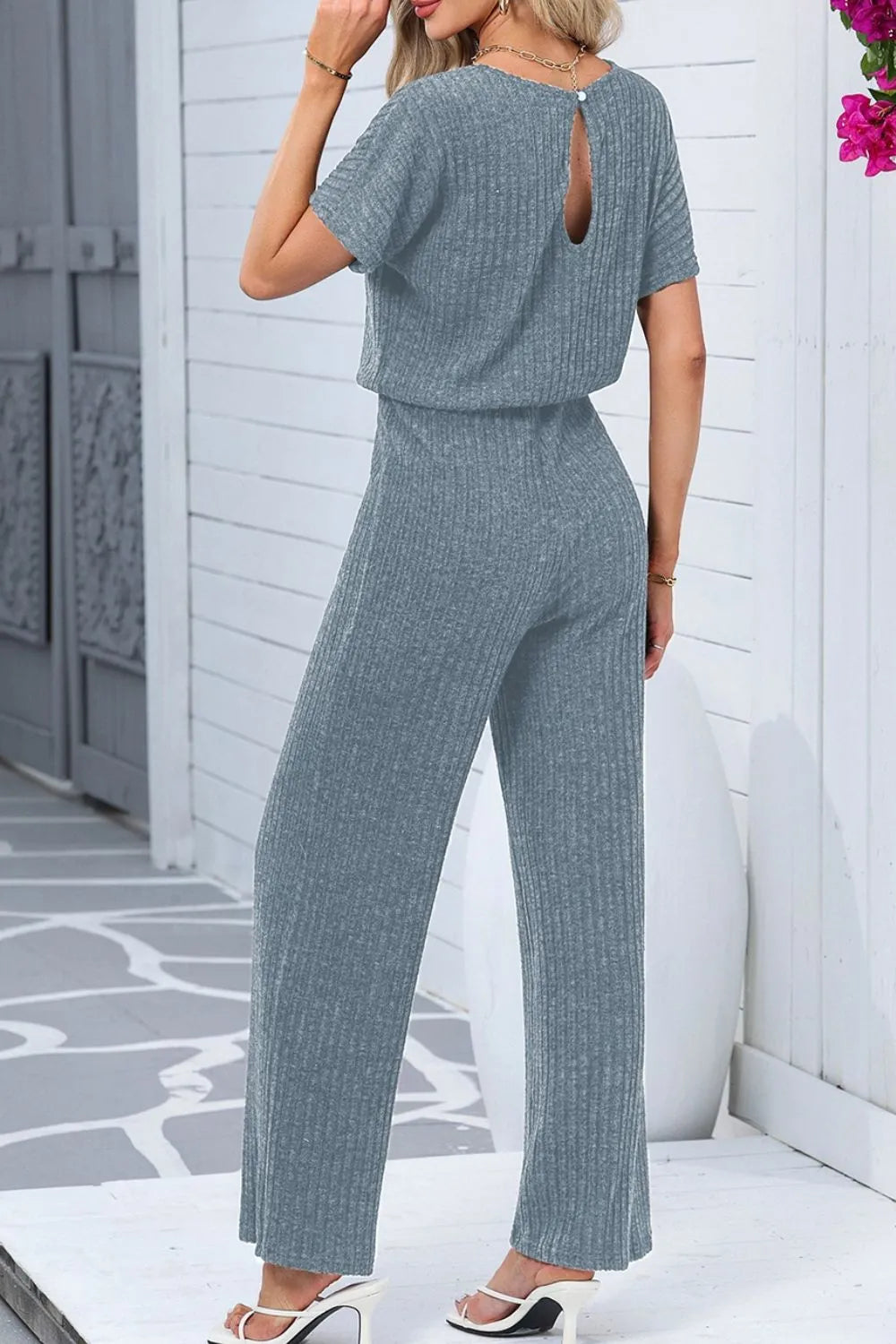 Ribbed Short Sleeve Wide Leg Jumpsuit - Fashorio