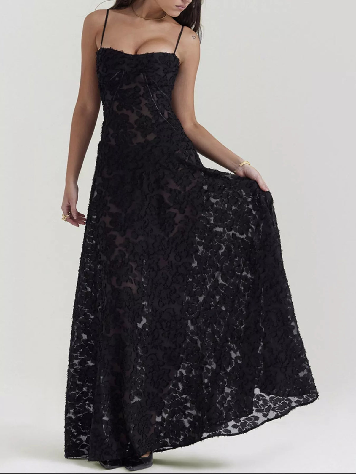 Spaghetti strap lace maxi dress full length